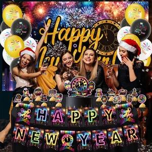 Kit fête Nouvel An 2027 avec bannières néon, ballons et décorations pour gâteaux