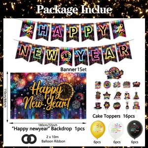 Kit complet de fête Nouvel An 2027 avec bannière, toile de fond feu d'artifice et ballons