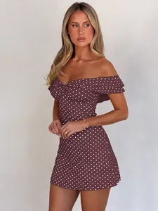 Women's brown polka dot off-shoulder mini dress with twist knot front and ruffles