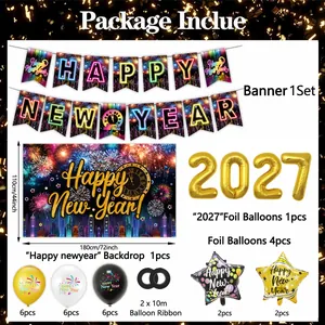 Kit de fête Nouvel An 2027 avec bannières, ballons et toile de fond 180x110cm