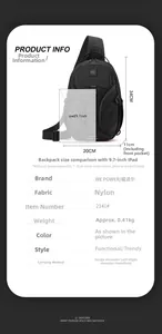 Detail view of the black techwear chest bag showing dimensions and 9.7-inch iPad capacity