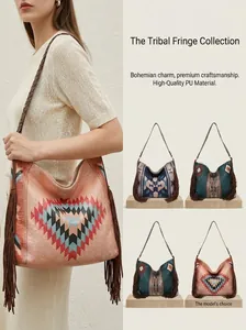Bohemian woven hobo shoulder bag with ethnic patterns and side tassel decorations