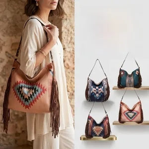 Detail of bohemian geometric print hobo bag with long fringe and faux leather texture