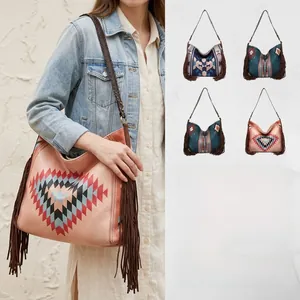 Close-up of hand-woven straps and fringe details on Bohemian PU leather hobo bags