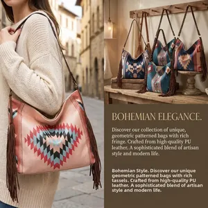 Close-up of bohemian hobo bag featuring geometric prints and long tassel details
