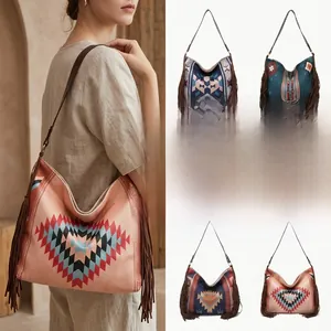 Detail of bohemian tassel shoulder bags in four colors with geometric patterns and PU material