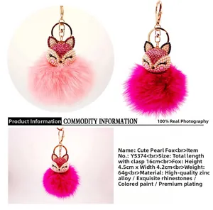 Detailed size parameters of fox head faux fur keychain with rhinestone decoration