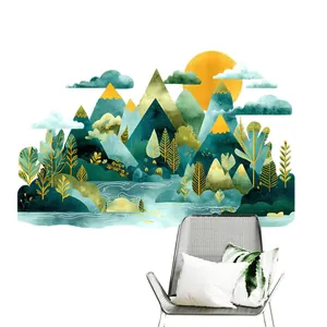 Modern Chinese landscape wall sticker with golden mountains and sunrise for living room