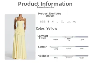 Detail of yellow halter maxi dress with waist pleats and side product specification chart