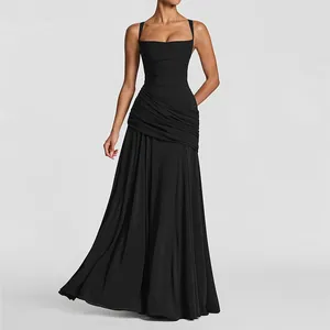 Elegant black sleeveless maxi dress with spaghetti straps and pleated waist detail
