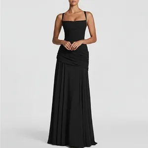 Elegant black maxi dress with square neckline and pleated waist detailing for women