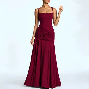 Elegant burgundy wine red long dress with square neckline and pleated flowy skirt