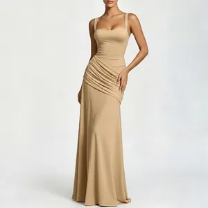 Detail of elegant khaki long dress with layered pleats and square neckline design