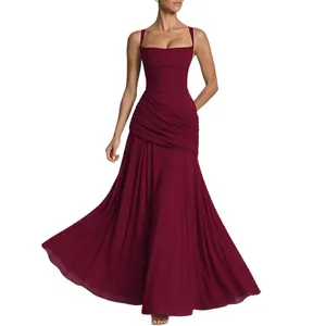 Elegant burgundy spaghetti strap maxi dress with pleated waist and flowy large swing hem