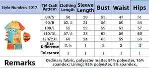 Size chart for boys' dinosaur one-piece swimsuit and swim cap with fabric details