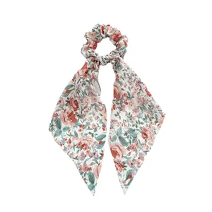 Floral print hair scrunchie with long chiffon ribbons in cream and pink floral design