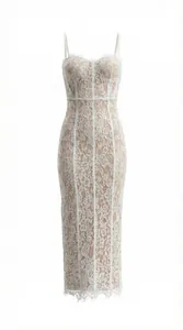 Detail of white floral lace fabric and bustier bodice on long slip evening dress