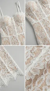 Detail view showing intricate white floral eyelash lace and adjustable thin straps