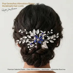Handgefertigter Brauthaarkamm Künstliche Perle Strass Blume Blatt Kopfschmuck Silber Blau Kristall Hochzeit Haarschmuck Für Damen Bankett Zubehör