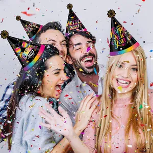 Vibrant 2027 New Year party hats set with colorful stars and celebratory text designs