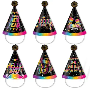 6-pack of 2027 New Year party cone hats with vibrant rainbow festive prints and pom-poms