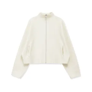 Minimalist cream stand collar knit jacket with silver zipper and loose short silhouette