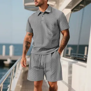 Men's Polo Shirt And Drawstring Shorts Jacquard Waffle Knit Casual Summer Sport Vacation Breathable Comfortable Outfit