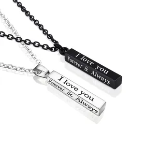 Stainless Steel Rectangle Bar Pendant Necklace Engraved I Love You Forever Always Vertical Pillar Jewelry For Couples