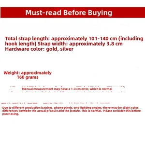 Adjustable crossbody bag strap specifications with width 3.8cm and length 101 to 140cm