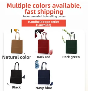 Detail view of colorful thick kraft paper bags with durable rope handles in five colors