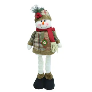 Standing plush Christmas snowman with telescopic long legs and red plaid holiday outfit