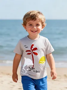 T-Shirt à Manches Courtes pour Garçons 100% Coton Haut d'été Décontracté Avec Imprimé Cartoon Dauphin Palmier Sun Vibes