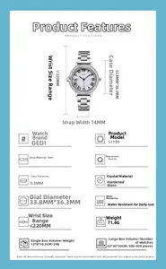 Detailed specifications of the silver steel quartz watch with crystal bezel dial