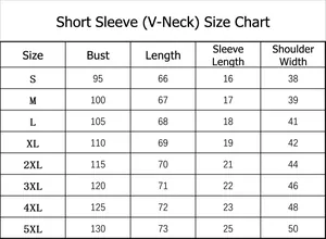 Detailed size chart for V-neck short sleeve cotton t-shirt ranging from size S to 5XL