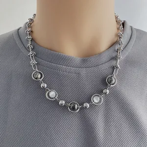 Titanium steel necklace with cat eye stone beads and industrial chain worn on neck