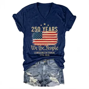 Navy blue V-neck 250th Anniversary T-shirt with vintage American flag and denim shorts
