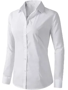 Detailaufnahme der weißen langärmeligen Bluse mit Kragen und schmaler Passform für Damen