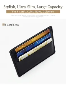 Slim black leather card holder with 6 vertical slots for credit cards and bank cards
