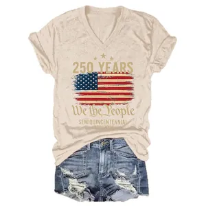 Detail of beige V-neck cotton T-shirt with vintage American 250th anniversary print