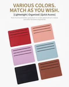 Detailed view of ultra-thin leather card holders in six colors with precise stitching
