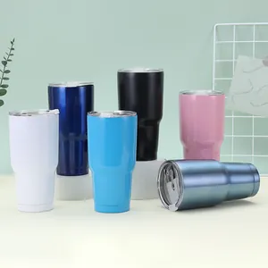 Collection of multi-color 30oz vacuum insulated stainless steel tumblers on display