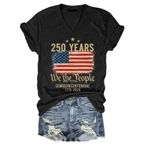 Men's V-neck 250th Anniversary cotton T-shirt with USA flag and denim shorts outfit