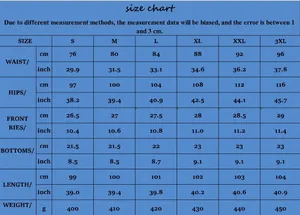 Size chart for men's ripped stretch jeans with detailed waist and hip measurements