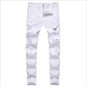 Slim fit white distressed denim jeans for men with ripped knees and scratch details