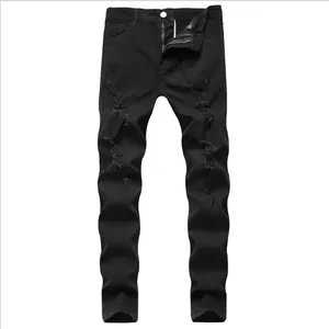 Men's slim fit distressed black denim jeans with handmade ripped holes and streetwear style