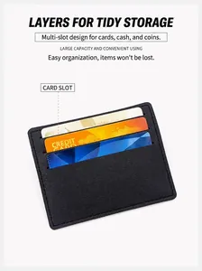Detail view of ultra-thin black leather card holder showing multiple slots and stitching