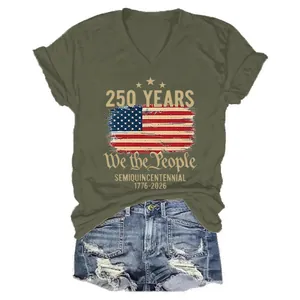 Army green V-neck short sleeve T-shirt with 250th anniversary US flag print