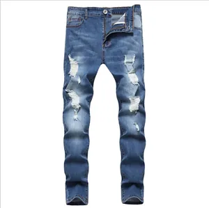 Men's slim fit distressed blue denim jeans with ripped holes and washed details