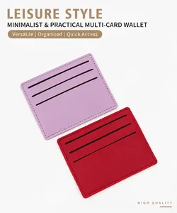 Close-up of slim leather card holders in purple and red showing multiple card slots
