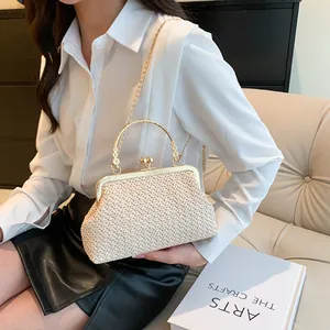 Elegant ivory woven shell bag with gold kiss-lock clasp and chain shoulder strap